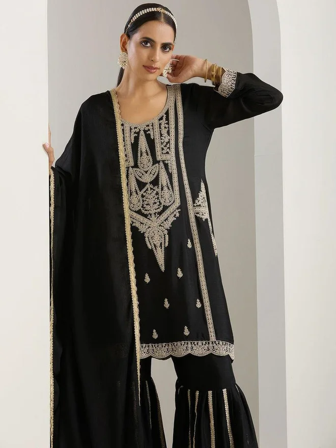 آي شين ISHIN 3-Piece Chinon Zari Embroidered Kurta, Sharara and Tassel Dupatta Set